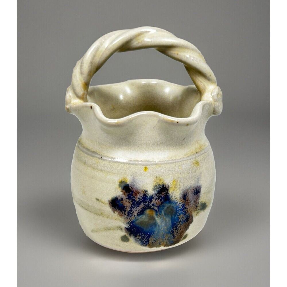 Studio Pottery Miniature Vase Basket Braided Handle 3" Folk Art Ruffled Rustic